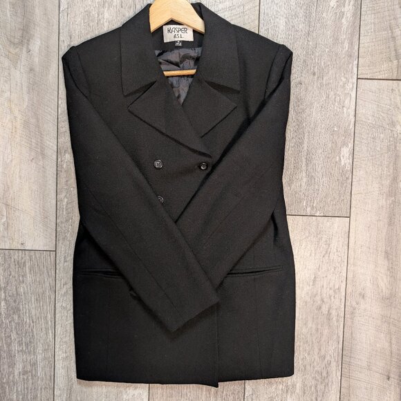 Rare Vintage Kasper Black Double-Breasted Longline Wool Crepe Blazer Size 10 - Picture 7 of 13